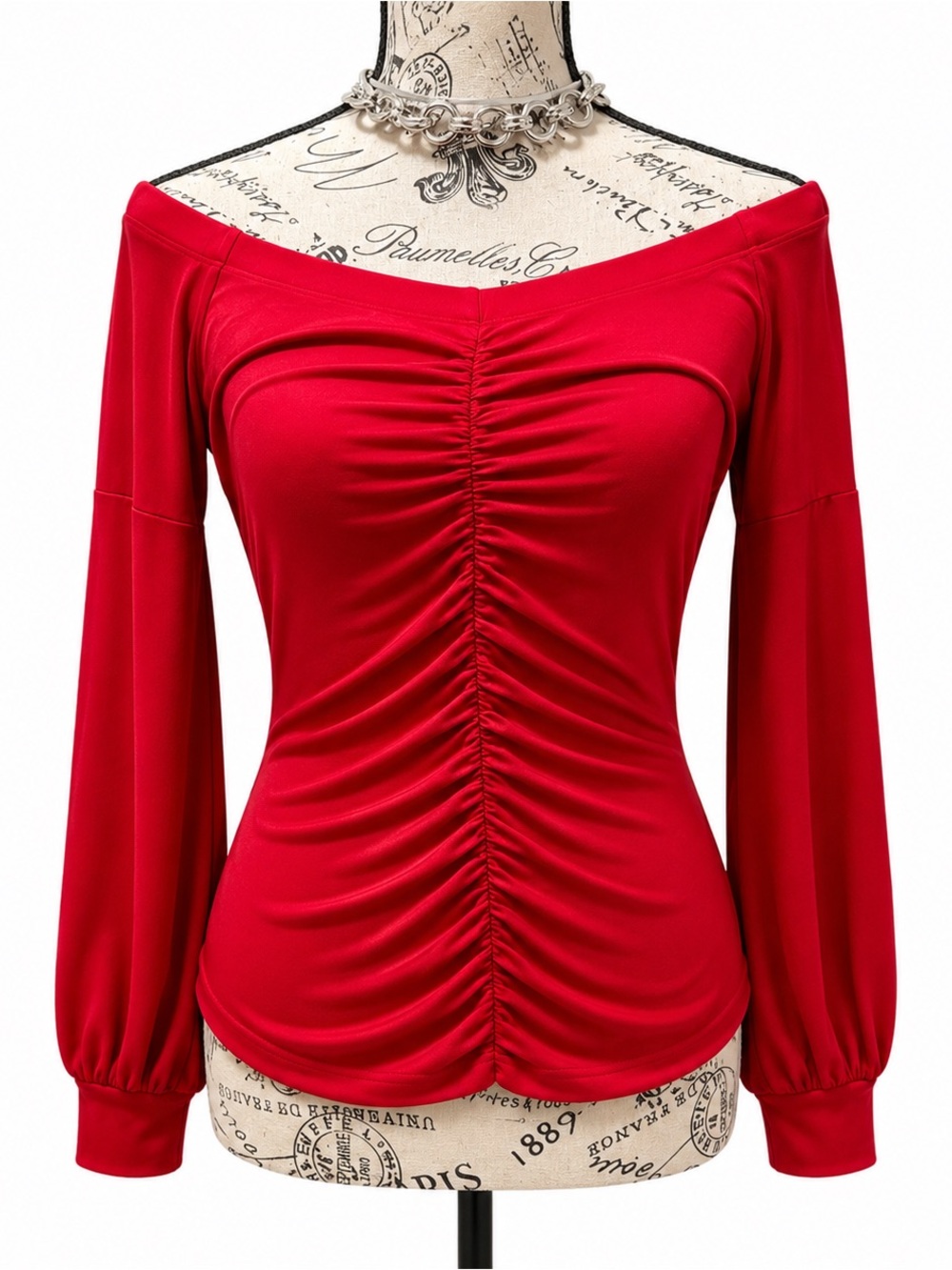 VENUS Off-Shoulder Ruched Red Long Sleeve Top